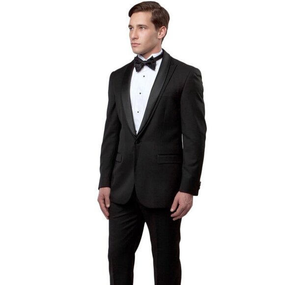 Mens Modern Fit 1 Button Shawl Peak Wool Tuxedo in Black - Picture 1 of 2